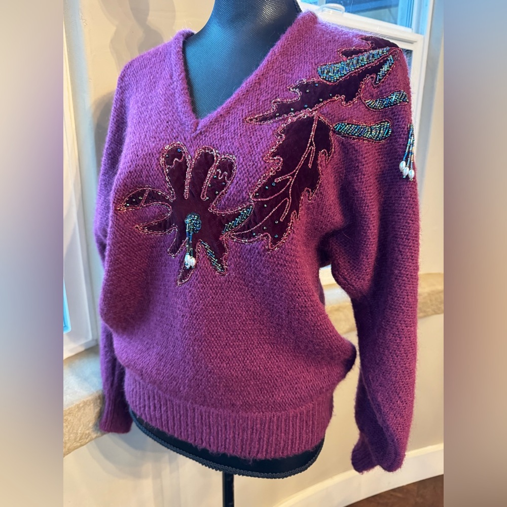 Vintage Max Bradley Embellished Beaded Wool Blend V-Neck Sweater Women’s Size S